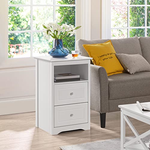 Tall 2-Drawer Nightstand with Open Shelf, White MDF Bedside Table