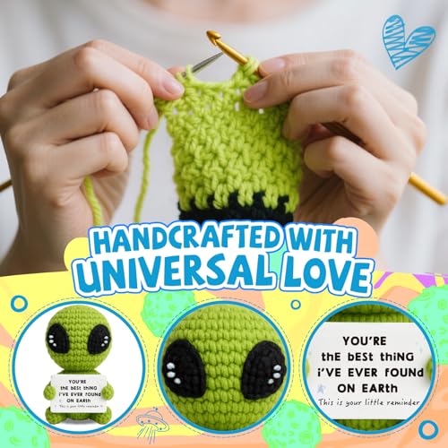 Handmade Crochet Alien Plush Doll with Heartfelt Love Note - Cute Decor