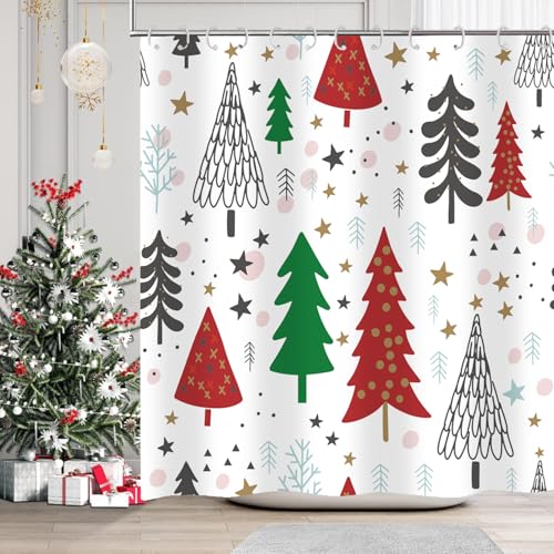 Red-White Christmas Shower Curtain Set - Waterproof Holiday Bathroom Decor, 72x72 inches