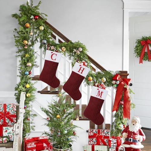 19.5in Burgundy Knit Christmas Stocking with Monogram Initial S - Embroidered Initial