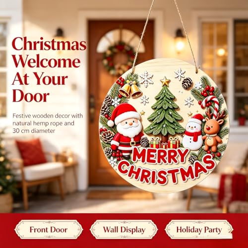 RHUISHU Round Christmas Wooden Welcome Door Sign Holiday Decor for Front Porch