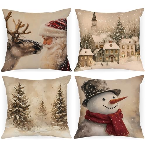 Lanpn 24x24 Christmas Throw Pillow Covers Set of 4 - Snowman Santa Reindeer Holiday Decor