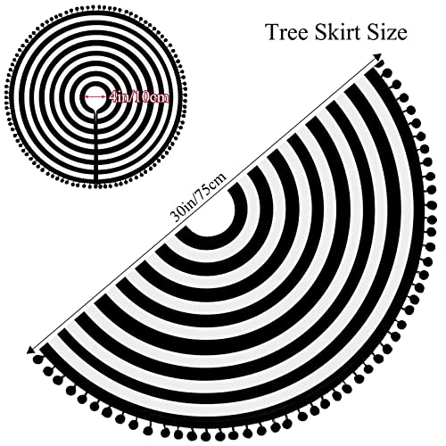 30 Inch Burlap Christmas Tree Skirt - Black & White Stripe with Pom Pom Trim