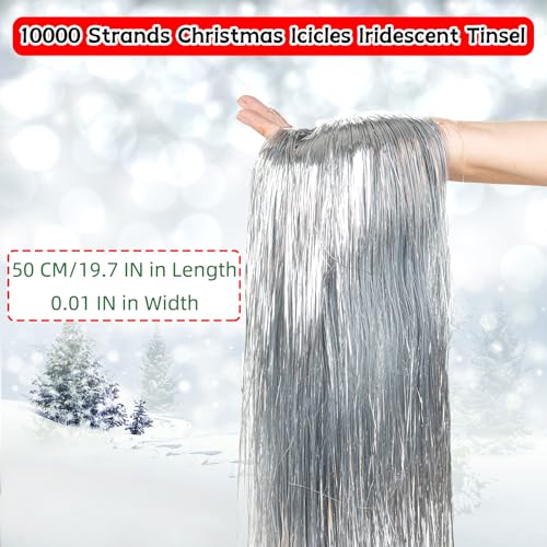 Silver Metallic Christmas Tinsel Icicles - 10,000 Strands Foil Fringe