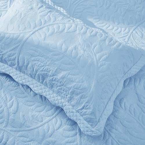 Embroidered Cotton Quilted Pillow Shams - King Size, Light Blue - 2 Pack