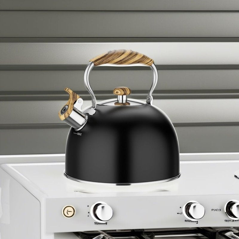 Chefbar 4.2 Quart Tea Kettle Stovetop Whistling for Stove Top Food Grade Stainless Steel Tea Kettles with Cool Wood Pattern Handle Black