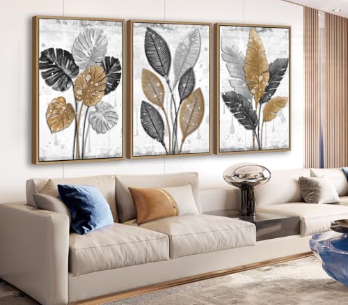 Rustic Botanical Canvas Wall Art, 3-Piece Leaf Print Set with Wood Frame