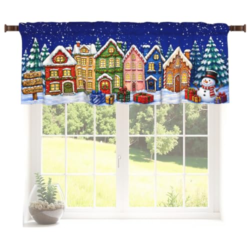 Blue Cartoon Houses Christmas Kitchen Valance 54x18in - Xmas Curtain