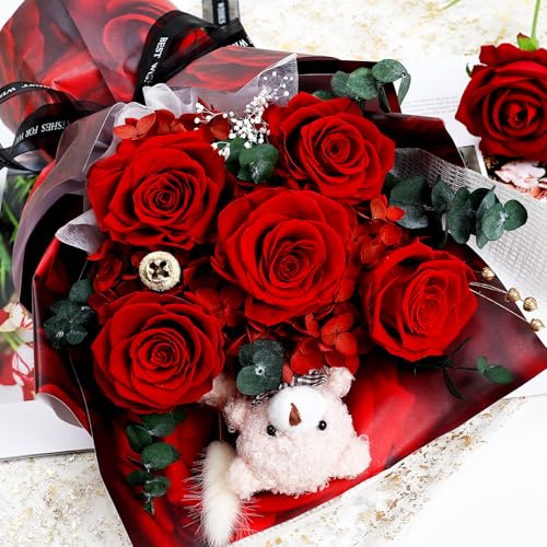 Preserved Rose Flower Bouquet with Bear in Gift Box