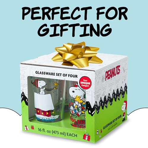 Peanuts Snoopy Holiday Pint Glass Set - 4pc 16oz Christmas Drinkware with Snoopy & Woodstock - Variation of Peanuts Snoopy Holiday