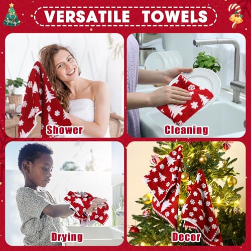 Peryiter 2 Pcs Red Christmas Tree Hand Towels for Bathroom 100%cotton