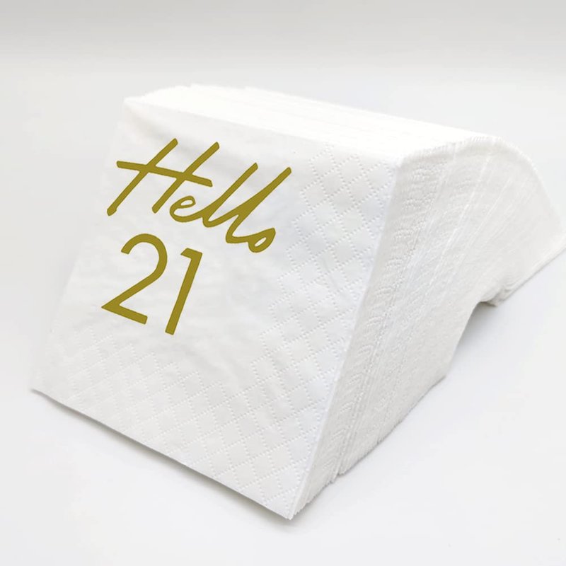 SharkBliss 21st Birthday Cocktail Napkins, 100 Pack Gold Hello 21 Birthday Disposable Paper Beverage Cocktail Napkins for His Her 21st Birthday Party Decorations | 2-Ply, 5x5" (Hello 21)