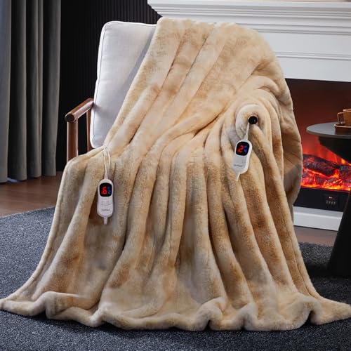 Guohaoi Electric Heated Blanket Throw 90x100 Faux Rabbit Fur Fast Heat