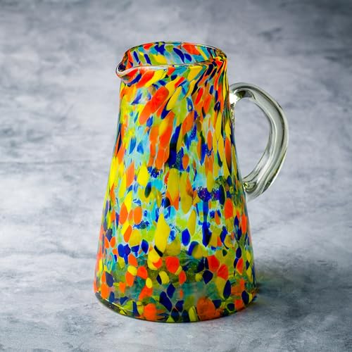 Handblown Mexican Glass Pitcher with Carnaval Color Pattern - Eco-Friendly Recycled Glass