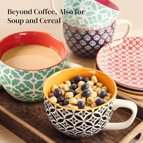 DOWAN 24 OZ Vibrant Color Boho Mosaic Soup Mugs Set of 4 with Handle