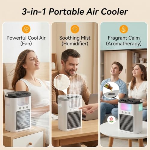 Portable Air Conditioner Fan, Mini Desktop Misting Fan with 3 Speeds and RGB Light