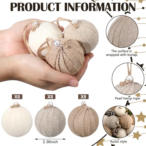 Syhood 24 Pcs Burlap Christmas Ornaments 2.36 Inch Farmhouse Rustic Holiday Balls