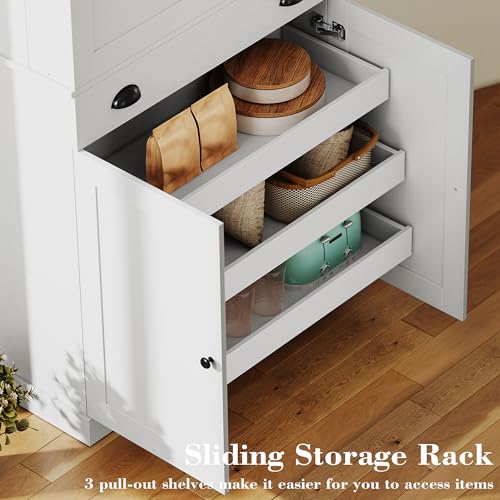 72" Tall Kitchen Pantry Cabinet with Sliding Racks and Drawer, White