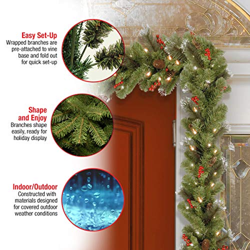 9ft Pre-Lit Christmas Garland with 50 Clear Lights, Pinecones & Berries