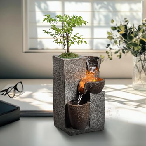 Tabletop Waterfall Fountain with LED Light & Plant Pot - Indoor Desk Decor