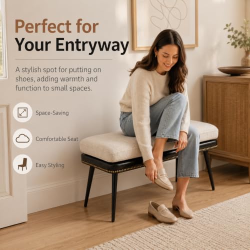 32" Retro Upholstered Entryway Bench with Removable Linen Cushion