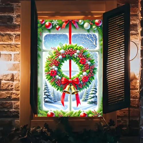 BlissYard Colorful Christmas Window Panel 31x47 Inch Snow Scene Holiday Decor