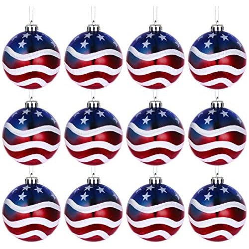 12pcs 3-1/4" (80mm) Patriotic Christmas Ball Ornament, American Flag Hanging, USA Independence Day Fourth of July Party Decor, Holiday Wedding Christmas Tree Decorations