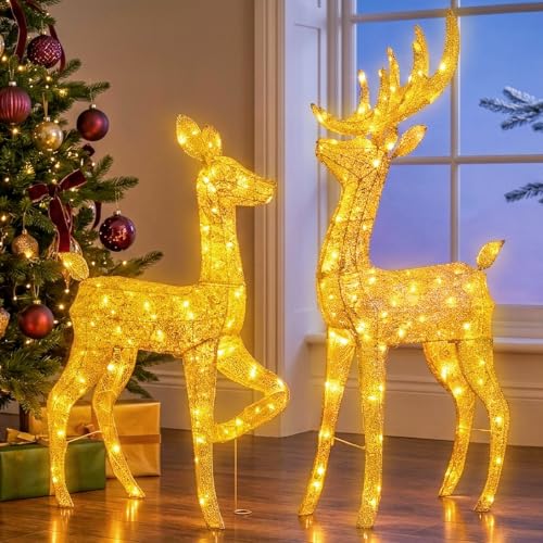 EAMBRITE Lighted Christmas Reindeer Set (2Pcs) - 4 ft Buck & 3 ft Doe Outdoor Holiday Decor