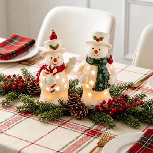 Christmas Snowman Figurines Set with LED Lights - White Ceramic, Red & Green Variation