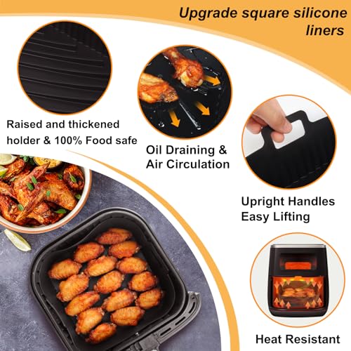 9-Inch Reusable Square Silicone Air Fryer Liners - 2 Pack for 6-8QT Baskets