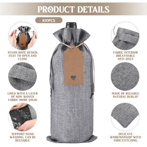 Windyun 100Pcs Burlap Wine Bags with Drawstring, Gray, Gift Sacks for 750ml Bottles