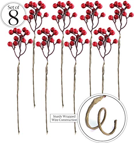 Artificial Red Berry Picks for Christmas Wreaths and Crafts - 8 Pack