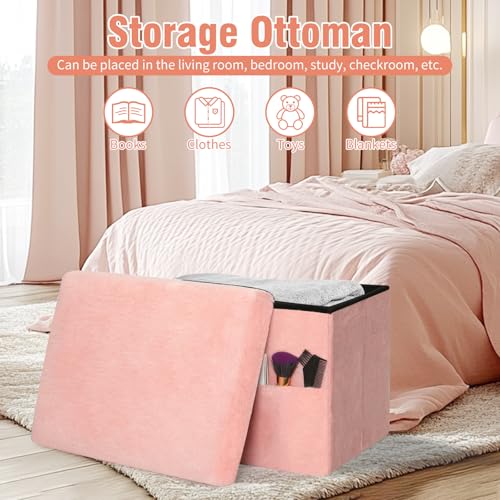 Foldable Faux Fur Storage Ottoman, Padded Foot Rest Stool, 17-Inch Pink