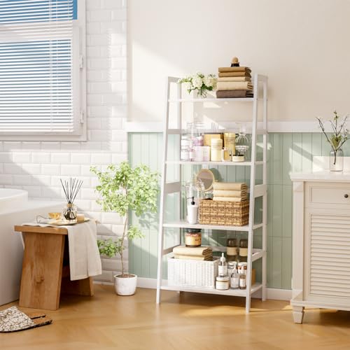 4-Tier Bamboo Ladder Bookshelf, White Modern Open Display Storage Rack