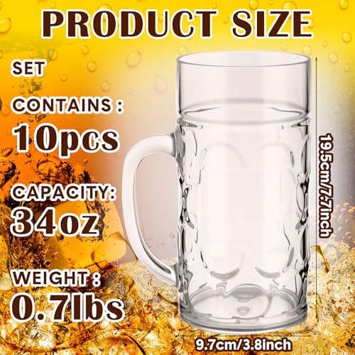 10 Pcs Large 34 Oz Plastic Beer Mugs with Handle - Shatterproof Stein