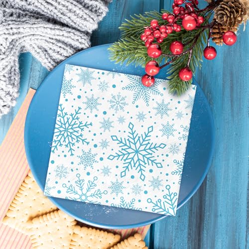 Whaline 150 Pcs Winter Snowflake Napkins — Christmas Blue & White Disposable Dinner & Cocktail Napkins