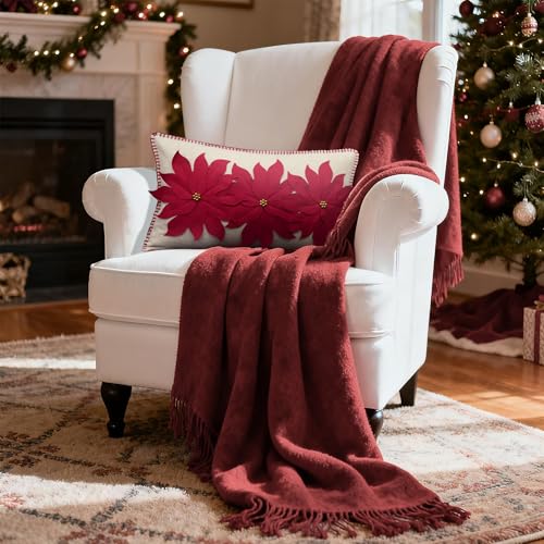 JWH Poinsettia Wool 14x24 Inch Christmas Pillow Cover - NOEL Appliqué