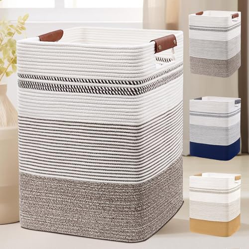 85L Cotton Rope Laundry Basket with Leather Handles - Foldable Storage Bin