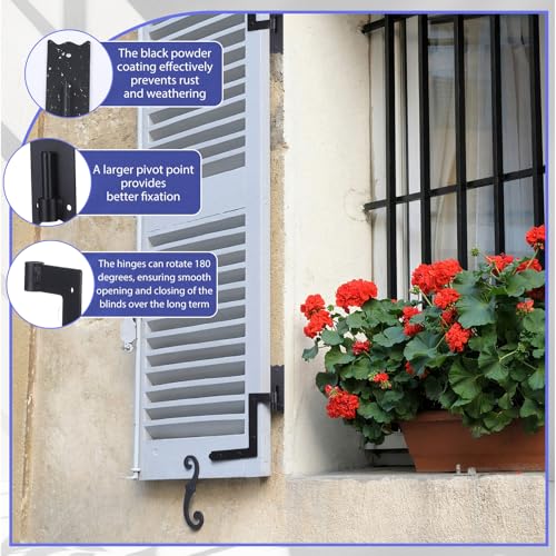 Heavy Duty Shutter Hinges and S-Holdback Hooks Kit, 2-Set Black Iron Hardware