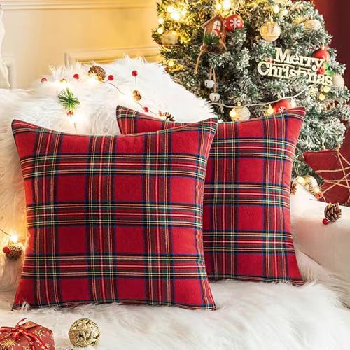 Red Checked Plaid Throw Pillow Covers 17" Square Set of 2 Fall Holiday Home Decor