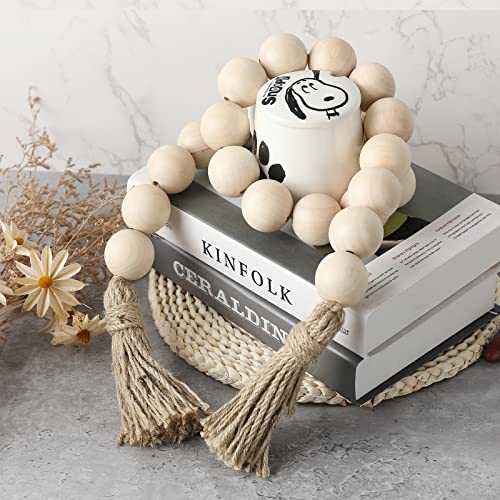 50-Inch Large Wood Bead Garland with Tassels - Farmhouse Boho Decor