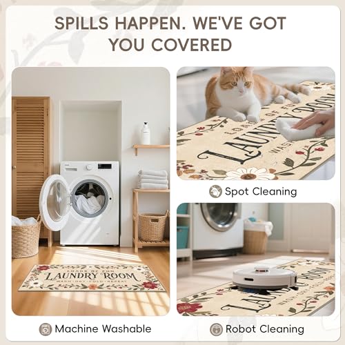 Washable Laundry Room Runner Rug, 20x47 Floral Non-Slip Low-Pile Mat