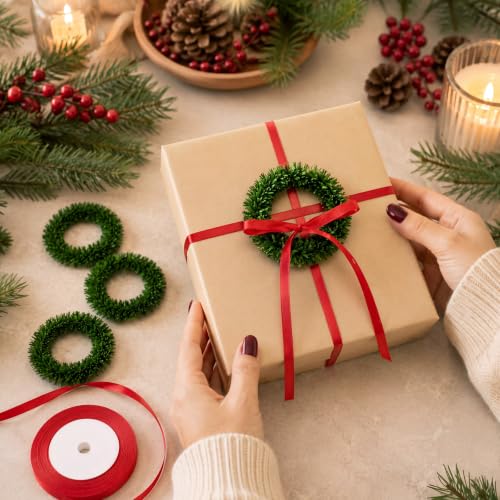 Yunlly 14 Pcs Mini Christmas Wreath Gift Wrapping Set - Plain Wreath & Red Ribbon