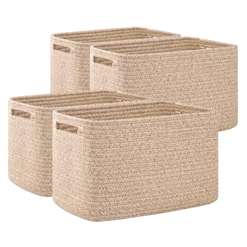 4 Pack Cotton Rope Storage Baskets Rectangular Cube Bins with Handles