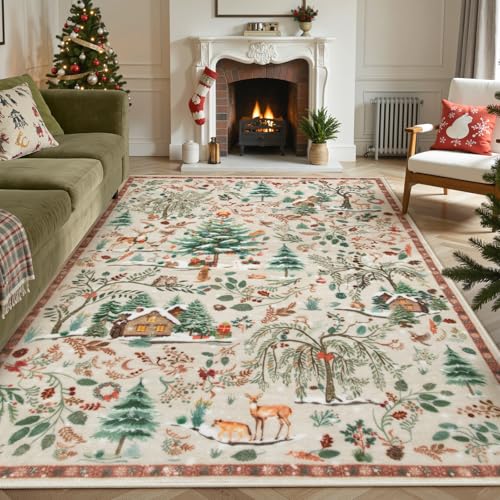 Lahome 5' x 7' Beige Christmas Area Rug – Washable Non-Slip Plush Living Room