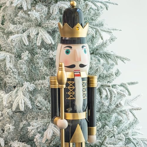 KI Store 4ft Christmas Nutcracker King Figurine – Black & Gold Wooden Soldier for Front Door, Tree & Mantel