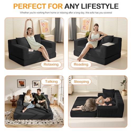 Convertible Corduroy Loveseat Sofa Bed, Folding Floor Sleeper Couch