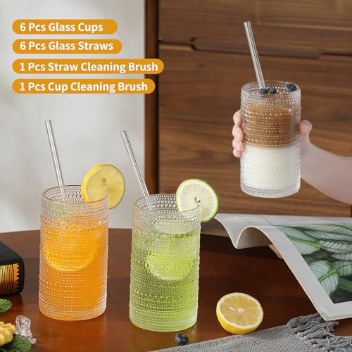 Vintage Hobnail Drinking Glasses Set of 6, 16 oz Embossed Glass Tumblers