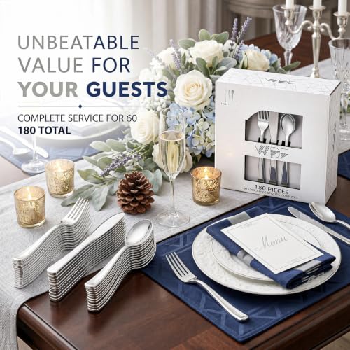 WDF 180PCS Silver Plastic Cutlery Set - Heavy Duty Disposable Utensils for Weddings & Holidays