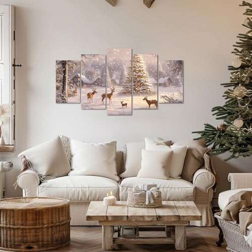 Christmas Canvas Wall Art 5 Piece Snow Deer & Tree Winter Scene Rustic Decor 8x14x2 8x18x2 8x22x1